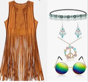 Hippie Costume Women's Set, Fringe Sleeveless Vest, Girls' Disco Outfit, 60s 70s Clothing with Hippie Accessories, Damen Hippie Kostüm, Hippie Carnival Costumes, Damen Hippie Karnevalskostüme (L) von MeYuxg