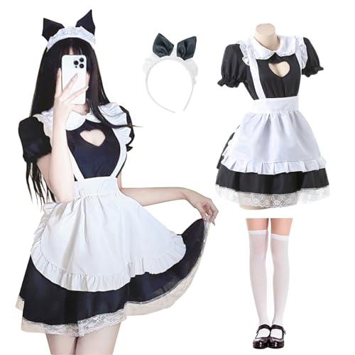 MeYuxg Maid Dress, Maid Outfit-Hohle Herzform, Anime French Maid Dress, Niedliche Maid Cosplay Kleid, Schwarz Maid Kostüm Mit Strümpfen und Haarband, Karneval, Rollenspiel(L) von MeYuxg