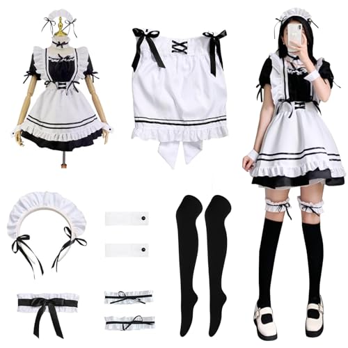 MeYuxg Maid Outfit, Anime French Maid Dress, Halloween Kostüm Damen, Niedliche Maid Cosplay Kleid, Dienstmädchen Kostüm mit Schürze Beinringe Schwarze Strümpfe, Maid Kostüm Schwarz, Größe L von MeYuxg