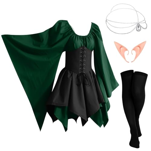 MeYuxg Mittelalter Kostüm Damen, Elfen Kostüm Damen Traditionelles irisches Kleid, Retro Renaissance Kleidung Karneval Kostüm Cosplay mit Elfenohren, Haarschmuck, Overknee Socken - L von MeYuxg