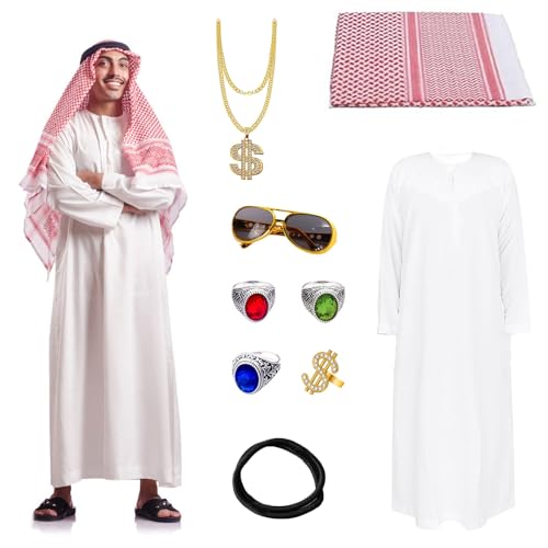 MeYuxg Scheich Kostüm für Herren, Karneval Araber Kostüm mit Kopftuch, Gewand, Finger Ring, Halsketten, Sonnenbrillen, Lustige Kostüme für Karneval, Party, Cosplay - L von MeYuxg