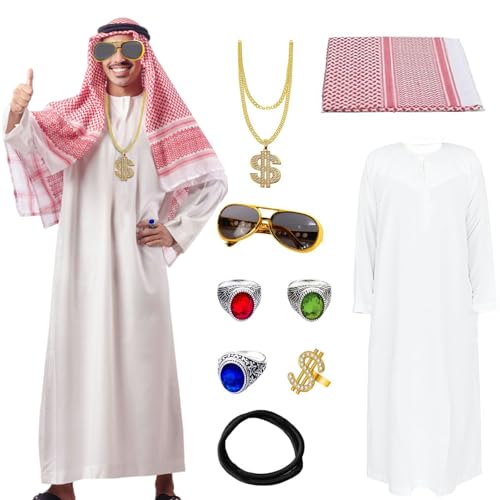 MeYuxg Scheich Kostüm für Herren, Karneval Araber Kostüm mit Kopftuch, Gewand, Finger Ring, Halsketten, Sonnenbrillen, Lustige Kostüme für Karneval, Party, Cosplay - L von MeYuxg