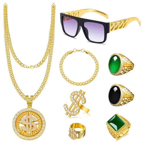 MeYuxg Zuhälter Kostüm 8 Stück, 70er 80er 90er Jahre Kostüm Herren, Goldkette, Sonnenbrille, Dollar Ringe für Gangster Gang Kostüm, Gold Digger Kostüm, Karneval, Fasching, Halloween von MeYuxg