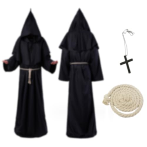 Mönch Kostüm mit Kapuze und Kreuz, Halloween Kostüm Männer, Karneval Kostüm Herren, Halloween Kostüm Herren Gruselig, Mönchskutte für Mittelalterliche, Renaissance (Schwarz, L) von MeYuxg