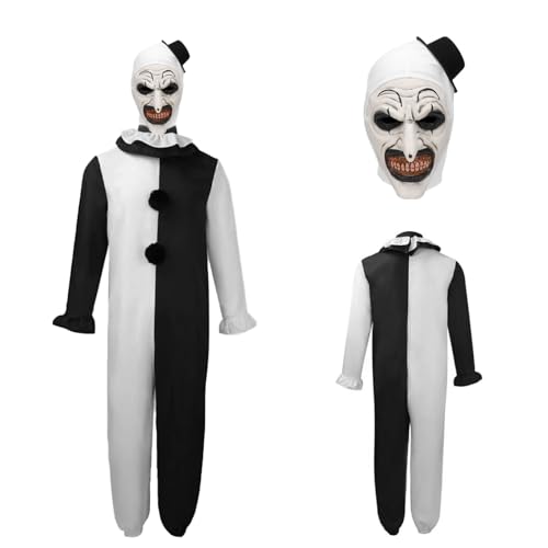 Terrifier Kostüm, Schwarz-Weißer Horror Clown Kostüm, Clown Cosplay Kostüm mit Terrifier Maske, Horror Clown Overall, Erwachsene Outfits für Halloween Karneval, L von MeYuxg