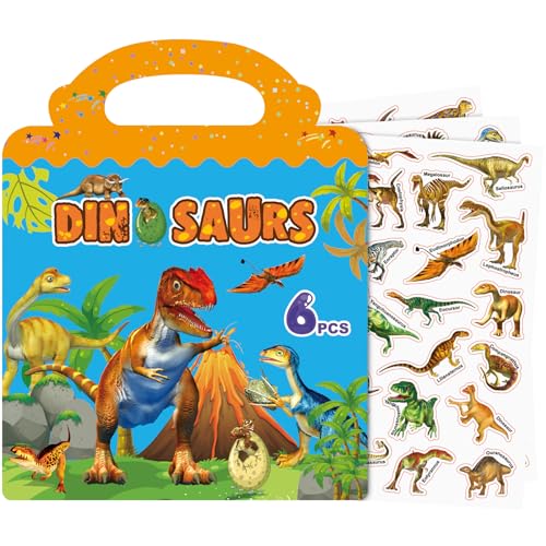 Wiederverwendbare Stickerbuch, Sticker Book für Kinder, 6 Blätter Dinosaurier Stickerbücher für 3 4 5 6 Jahre Jungen Mädchen Kleinkinder, 3D Klare Sticker für Lernspielzeug Geschenke von Meafeng