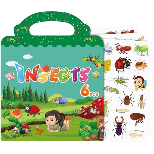 Wiederverwendbare Stickerbuch, Sticker Book für Kinder, 6 Blätter Insekten Stickerbücher für 3 4 5 6 Jahre Jungen Mädchen Kleinkinder, 3D Klare Sticker für Lernspielzeug Geschenke von Meafeng