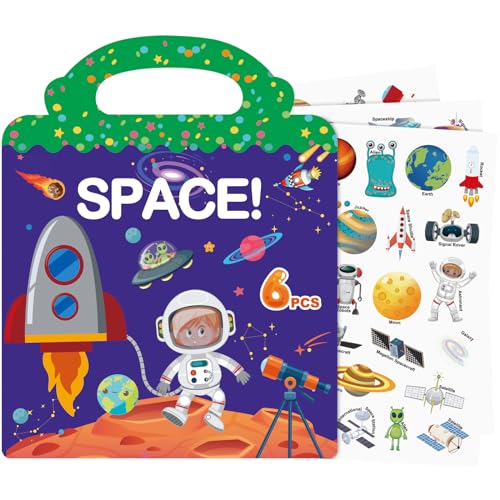 Wiederverwendbare Stickerbuch, Sticker Book für Kinder, 6 Blätter Weltraum Stickerbücher für 3 4 5 6 Jahre Jungen Mädchen Kleinkinder, 3D Klare Sticker für Lernspielzeug Geschenke von Meafeng
