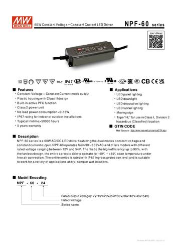 Mean Well NPF-60-48 LED-Treiber, LED-Trafo Konstantspannung, Konstantstrom 60W 1.25A 28.8 - 48 V/DC von Mean Well