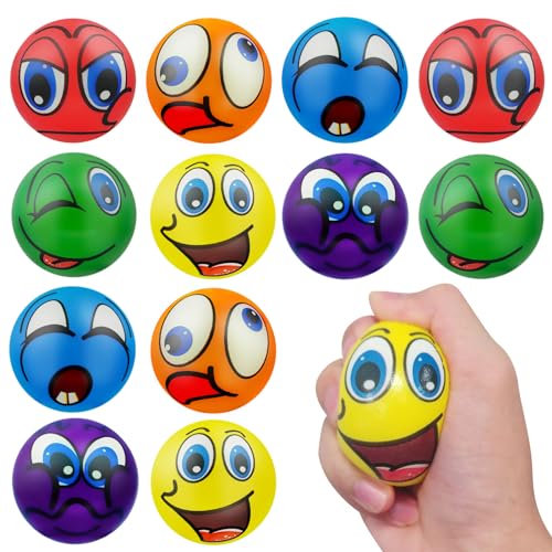 12 Stück Stressbälle, Schaumstoffball, Antistressball, Knautschball, Wutball für Kinder, Fußball Stressbälle, Lustige Gesichter Softball, Anti Stress Spielzeug für Kinder und Erwachsene von Meanju