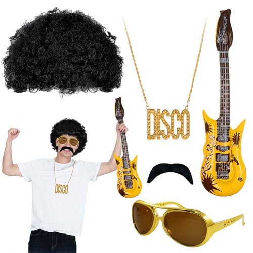 5 Stück Hippie Kostüm Zubehör,Hippie Perücken,Perücke Disco Hippie Kostüm Set,Herren Hippie Perücken Kostüm Zubehör Set,60er 70er 80er Jahre Perücke Karneval Halloween Cosplay Kostüm Thema Party von Meanju