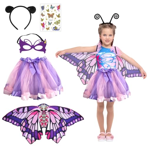 5er Set Schmetterling Kostüm Kinder, mit Schmetterlingsflügel Kinder,Tutu Rock,Haarreif,Maske und Tattoos Schmetterling,Verkleidung Kinder,für Karneval Fasching Cosplay,Schmetterlingsflgel Flgel Kostm von Meanju