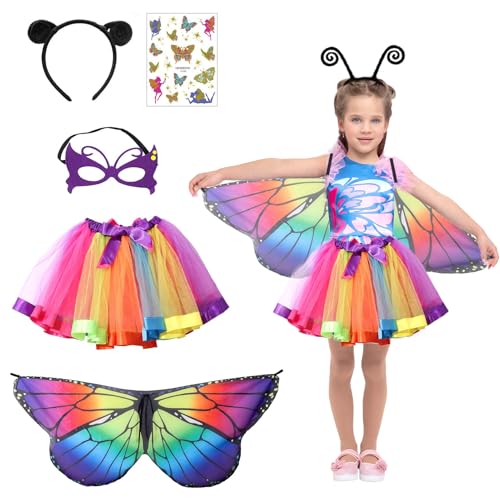 5er Set Schmetterling Kostüm Kinder, mit Schmetterlingsflügel Kinder,Tutu Rock,Haarreif,Maske und Tattoos Schmetterling,Verkleidung Kinder,für Karneval Fasching Cosplay,Schmetterlingsflgel Flgel Kostm von Meanju