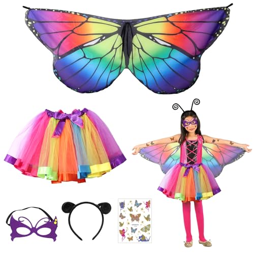 5er Set Schmetterling Kostüm Kinder, mit Schmetterlingsflügel Kinder,Tutu Rock,Haarreif,Maske und Tattoos Schmetterling,Verkleidung Kinder,für Karneval Fasching Cosplay,Schmetterlingsflgel Flgel Kostm von Meanju