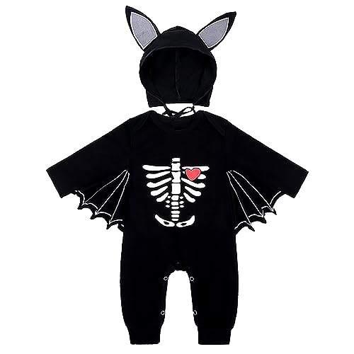 Baby Fledermaus Kostüm Halloween,Strampler mit Hut Outfits,Cosplay Kostüm,Halloween Costume für Jungen Mädchen Unisex,Kleinkind Baby Karneval Party,3-6 Monate (Skelette-S) von Meanju