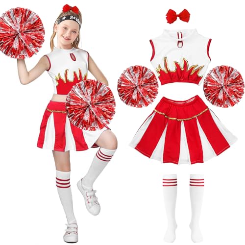 Cheerleader Kostüm Kinder,Kinderkostüm Cheerleader,Cheerleadering Outfit Mädchen mit Pompons Socken Haarzubehör,Mädchen Cheerleader Kostüm,Kinder Cheerleading Outfit Karneval Halloween Rollenspiele von Meanju