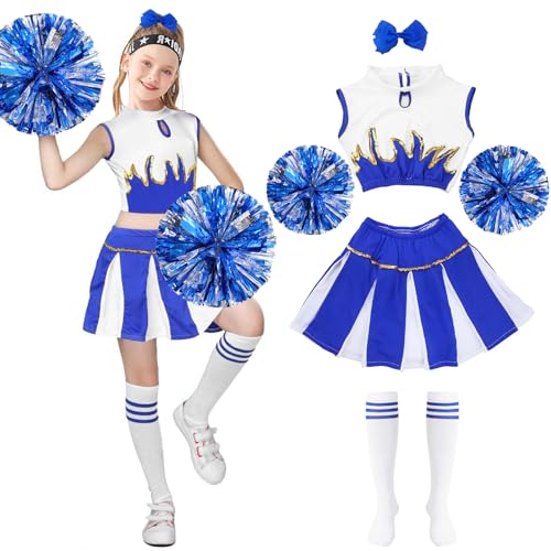 Cheerleader Kostüm Kinder,Kinderkostüm Cheerleader,Cheerleadering Outfit Mädchen mit Pompons Socken Haarzubehör,Mädchen Cheerleader Kostüm,Kinder Cheerleading Outfit Karneval Halloween Rollenspiele von Meanju