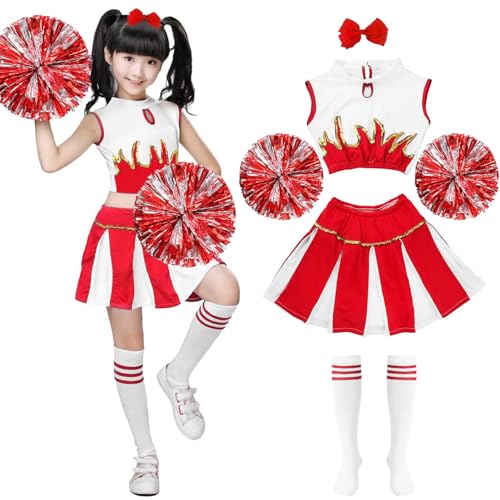 Cheerleader Kostüm Kinder,Kinderkostüm Cheerleader,Cheerleadering Outfit Mädchen mit Pompons Socken Haarzubehör,Mädchen Cheerleader Kostüm,Kinder Cheerleading Outfit Karneval Halloween Rollenspiele von Meanju