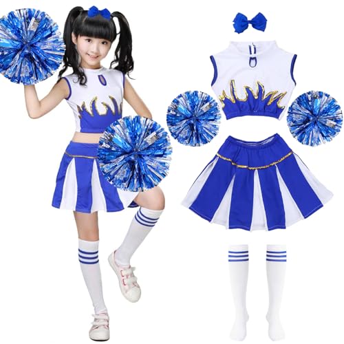 Cheerleader Kostüm Kinder,Kinderkostüm Cheerleader,Cheerleadering Outfit Mädchen mit Pompons Socken Haarzubehör,Mädchen Cheerleader Kostüm,Kinder Cheerleading Outfit Karneval Halloween Rollenspiele von Meanju