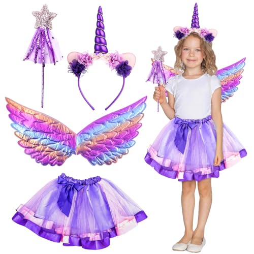 Einhorn Kostüm Prinzessin Set,4 Stück Einhorn Kostüm Kinder,mit Einhorn Haarreif Einhorn Flügel Zauberstab Tüllrock,Einhorn Geschenk für Mädchen 3-9 Jahre Karneval,Cosplay,Halloween,Kindergeburtstag von Meanju