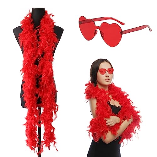 Federboa, 2M Bunte Feder Boa mit Herzbrille, Flauschige Federboa, Feder Boas Zubehör, Turkey Feather Boas Dekorieren, für Hochzeit Ankleiden Party, Karneval, Halloween, Weihnachten Kostüm (Rot) von Meanju