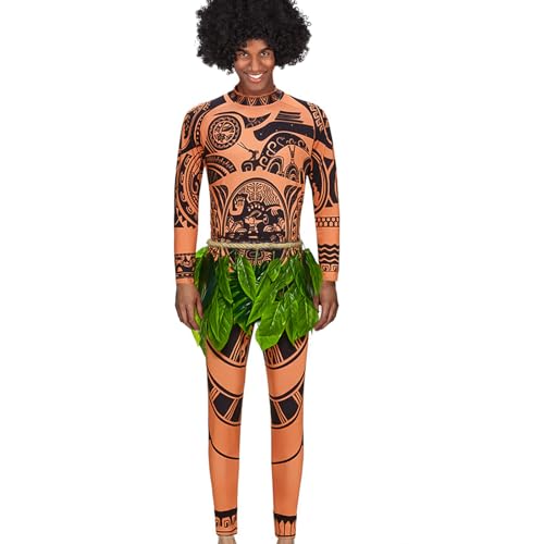 Maui Kostüm Herren, Maui Tattoo-T-Shirt mit Hose und Blätterrock, Cosplay Kostüm Erwachsene Herren, Blatt Kostüm, Hawaii Verkleidung Herren, Erwachsene Männer Carnival Cosplay Kostüm von Meanju