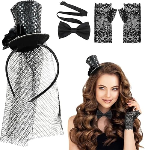 Meanju 3 Stück Mini Top Hut Haarreif Set,mit Schwarz Zylinder Hut Haarreif Spitzenhandschuhe und Schwarz Fliege,Karneval Party Kopfschmuck Accessoires,für Halloween Karneval Cosplay Kostüm Zubehör von Meanju