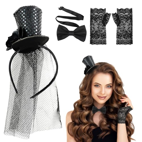 Meanju 3 Stück Mini Top Hut Haarreif Set,mit Spitzenhandschuhe und Schwarz Fliege,Schwarz Zylinder Hut Haarreif,Karneval Party Kopfschmuck Accessoires,für Halloween Karneval Cosplay Kostüm Zubehör von Meanju