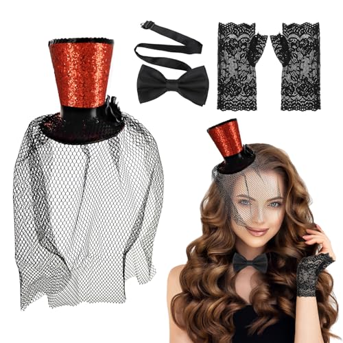 Meanju 3 Stück Mini Top Hut Haarreif Set,mit Spitzenhandschuhe und Schwarz Fliege,Schwarz Zylinder Hut Haarreif,Karneval Party Kopfschmuck Accessoires,für Halloween Karneval Cosplay Kostüm Zubehör von Meanju