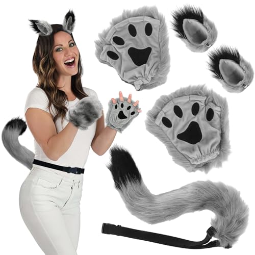 Meanju 5er Set Wolf Fuchsohren und Schwanz Set,Sohren Schwanz und Pfoten,Fuchs Cosplay Zubehör,Cosplay KostümSet Fox Wolf,Cosplay Fancy Dress Zubehör für Kinder Erwachsene von Meanju