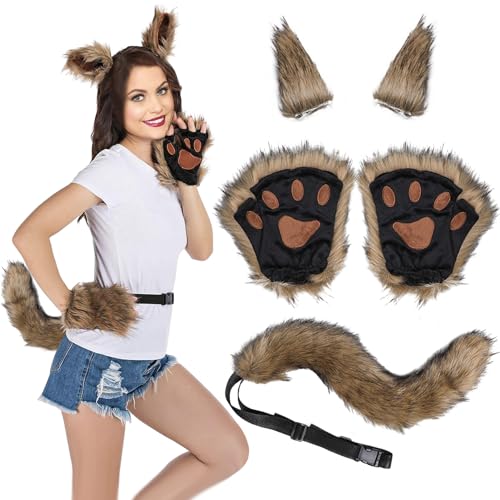 Meanju 5er Set Wolf Fuchsohren und Schwanz Set,Sohren Schwanz und Pfoten,Fuchs Cosplay Zubehör,Cosplay KostümSet Fox Wolf,Cosplay Fancy Dress Zubehör für Kinder Erwachsene von Meanju