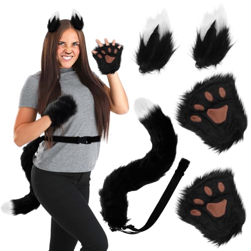 Meanju 5er Set Wolf Fuchsohren und Schwanz Set,Sohren Schwanz und Pfoten,Fuchs Cosplay Zubehör,Cosplay KostümSet Fox Wolf,Cosplay Fancy Dress Zubehör für Kinder Erwachsene von Meanju