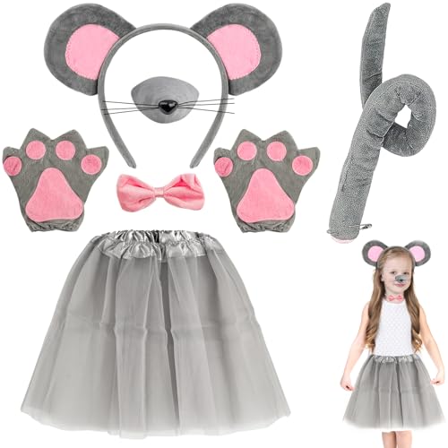 Meanju 7 Stück Maus Tüllrock Kinder Kostüm Set Verkleidung Kinder Tierkostüm Mit Stirnband/Nase/Fliege/Schwanz/Handschuhe/Tutu Rock Ausgefallenes Kostüm Zubehör Für Kinder Cosplay Karneval Halloween von Meanju