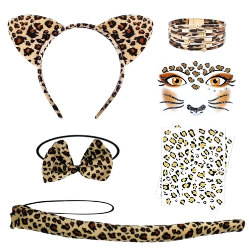 Meanju 8-teilig Leoparden Kostüm Set,Leopard Gesicht Kunst Aufkleber+Ohren Haarreif+Schwanz+Armband+Fliege+Leopardenmuster Tattoo,für Kinder Karneval Fasching Halloween Party, Braun von Meanju