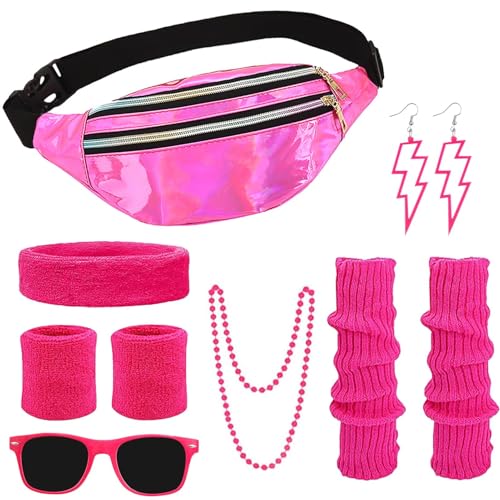 Meanju 80er Jahre Outfit Damen,Kostüm Accessoires 80er,80er jahre kostüm damen,80er Jahre Kleidung Damen Sportlicher Stil Set,für Karneval Neon 80 Jahre Party Outfit Damen, Rosa von Meanju