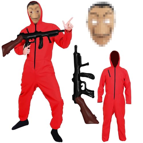 Meanju Haus des Geldes Kostüm für Erwachsene,Bankräuber Kostüm Erwachsene,Overall für Erwachsene Unisex mit Maske,Aufblasbares Gewehr,Roter Overallanzug für Fasching,Karneval,Halloween Meanju Haus des Geldes Kostüm für Erwachsene,Bankräuber Kostüm Erwachsene,Overall für Erwachsene Unisex mit Maske,Aufblasbares Gewehr,Roter Overallanzug für Fasching,Karneval,Halloween von Meanju
