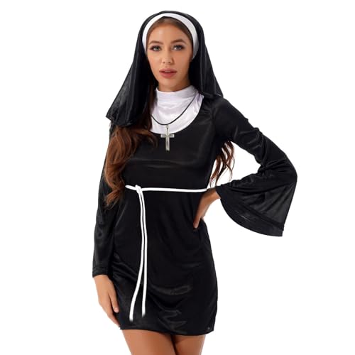 Meanju Karneval Nonnenkostüm,mit Nonnenhaube Halskette Rock,Fastnachtskostüme Damen,Halloween Kostüm Damen Nonne,Mittelalter Kostüm Damen,Nonnenkostüm Damen Halloween,Religiös Vikare Kostüm Outfit von Meanju