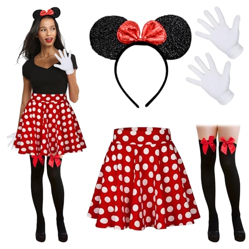 Meanju Mouse Faschingskostüme Damen Mit Weiß Gepunktet Pailletten Haarreifen+Faltenrock+Overknee Strümpfe+Handschuhe Für Kostümparty, Fasching, Karneval Party (M), Red Adult M von Meanju