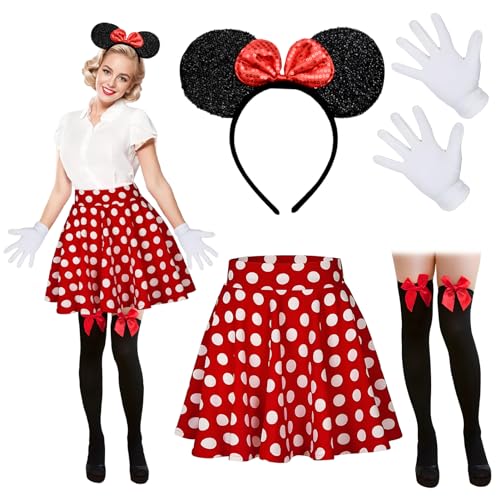 Meanju Mouse Faschingskostüme Damen Mit Weiß Gepunktet Pailletten Haarreifen+Faltenrock+Overknee Strümpfe+Handschuhe Für Kostümparty, Fasching, Karneval Party (XL) von Meanju