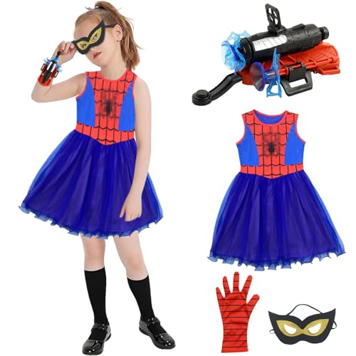 Meanju Prinzessin Kleid Mädchen mit Masken,Cosplay Kinderkostüm Geschenke,Launcher Handschuh,Handgelenk Spielzeug Set,für Verkleidung Karneval Motto-Party, Rot Blau120 von Meanju