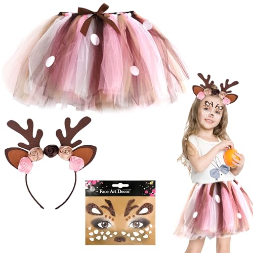 Meanju Rentier Kostüm Kinder Mädchen,Tutu Rock+Rentier Haarreif mit Ohren Blüten+Rentier Gesicht Kunst Aufkleber,Kostüm Accessoires für Halloween Karneval Geburtstag Cosplay,Weihnachten Party von Meanju