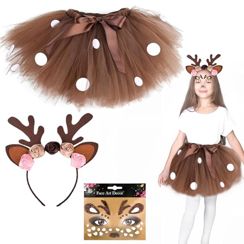 Meanju Rentier Kostüm Kinder Mädchen,Tutu Rock+Rentier Haarreif mit Ohren Blüten+Rentier Gesicht Kunst Aufkleber,Kostüm Accessoires für Halloween Karneval Geburtstag Cosplay,Weihnachten Party von Meanju