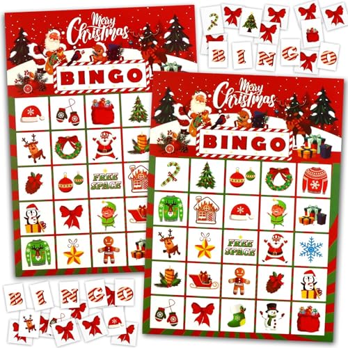 Meanju Weihnachts Bingo Spiel für 32 Spieler,Weihnachten Kartenspiel,Weihnachts Bingo Kinder für Familie,Schule,Klassenzimmer,Winter Partyzubehör,Gastgeschenke von Meanju