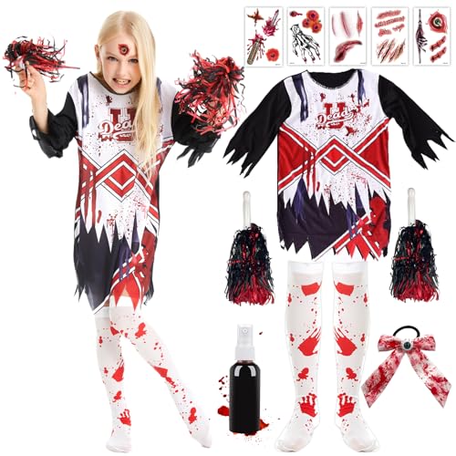 Meanju Zombie Cheerleader Kostüm Mädchen,Cheerleader Kostüm Kinder Halloween mit Strümpfen+Kunstblut+Pompons+Haarzubehör+Tattoo-Aufkleber,Faschingskostüme Mädchen für Halloween Karneval Party von Meanju