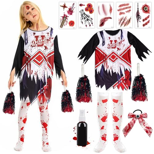 Meanju Zombie Cheerleader Kostüm Mädchen,Cheerleader Kostüm Kinder Halloween mit Strümpfen+Kunstblut+Pompons+Haarzubehör+Tattoo-Aufkleber,Faschingskostüme Mädchen für Halloween Karneval Party von Meanju