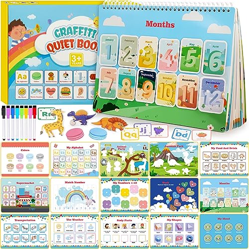 Quiet Book für Kleinkinder,Montessori Spielzeug ab 3 4 5 6 Jahre,Busy Book für Kleinkinder,15 seitiges Quiet Book,15 seitiges Graffiti,8 aquarellstifte,Vorschulkinder Lernen Spielzeug Quiet Book von Meanju