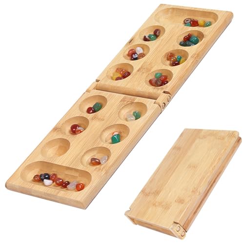 Meanju Steinchenspiel Lernspielzeug, Kala-ha Spiel,Mancala Brettspiel mit klappbarem,Edelstein Match Schach,Steinchenspiel Holz mit Steinen Strategisches Steinchenspiel für Kinder Erwachsene von Meanju