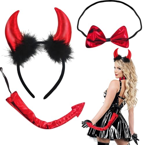 Meanju Teufelshörner Set 3 Stück, Teufel Ohren Haarband +Teufelshörner Fliege+Teufelsschwanz, teufel kostüm damen, Teufel Hörner Stirnband Set, Teufels Ohren Haarreif für Karneval Halloween von Meanju