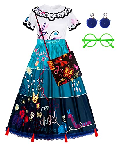 Mecamelon Damen Mirabel Kostüm Kleid Erwachsene Blumenstickerei Komplettes Set Cosplay (Weiß + Blau, Medium) von Mecamelon