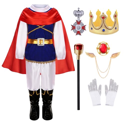 Mecamelon König Prinz Charmantes Kostüm für Jungen Kinder Mittelalter Cosplay Dress Up Royal Outfits (Blau, 8-9 Jahre) von Mecamelon